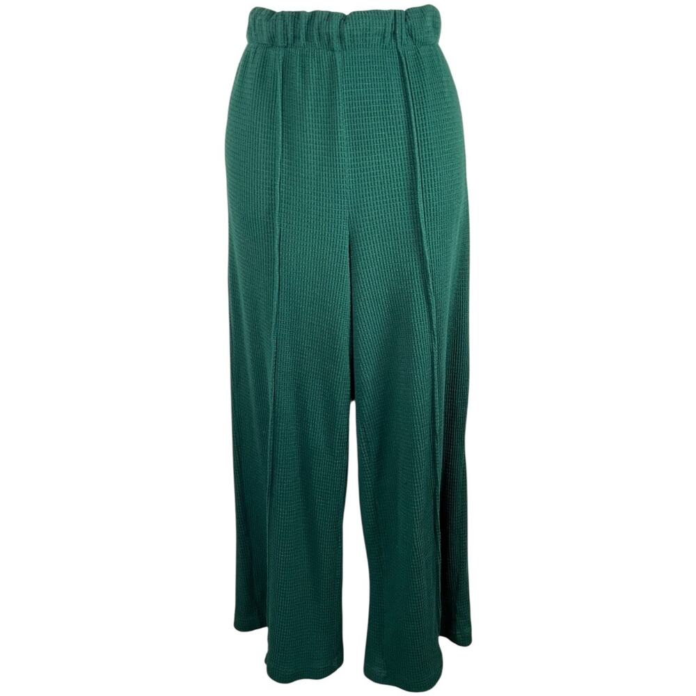 Simply Blessed Waffle Knit Wide Leg Pants Green Comfy Cozy Travel Lounge Size M